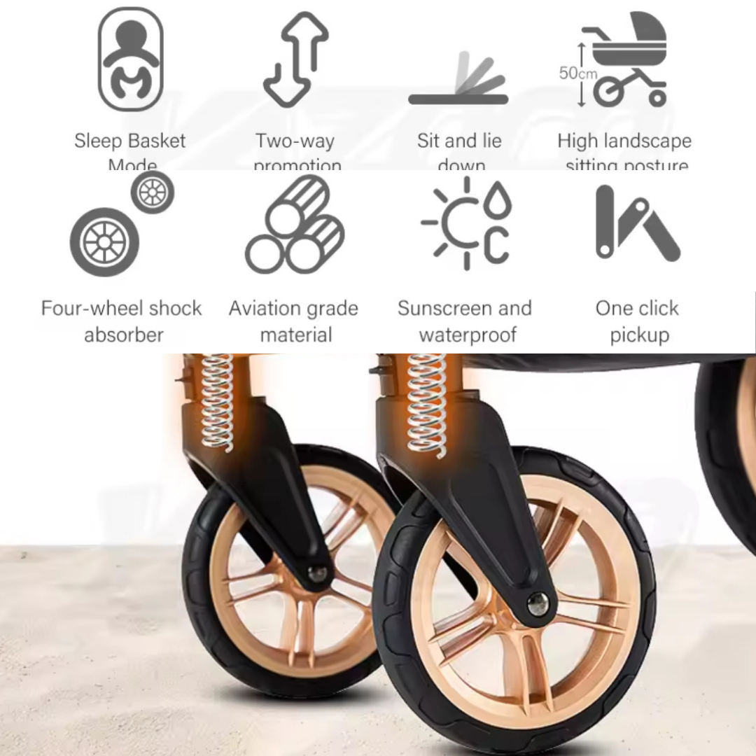 Cochecito de bebé 3 en 1 con cesta y diseño alto - Imagen 10