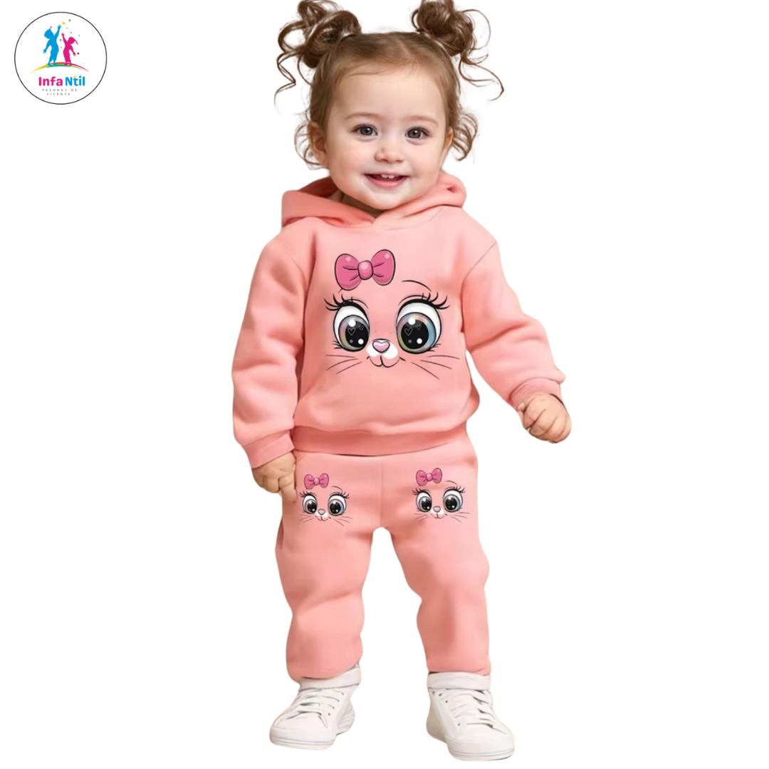 Conjunto de felpa para niña, sudadera con estampado de gato + pantalón, primavera/otoño